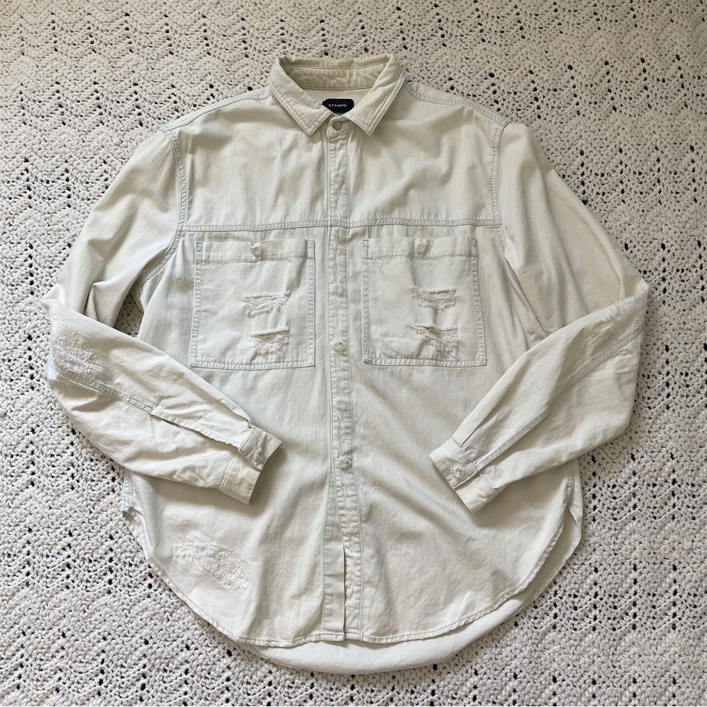 STAMPD Los Angeles Distressed Snap Button Long Sleeve Button Up Cream (Small)